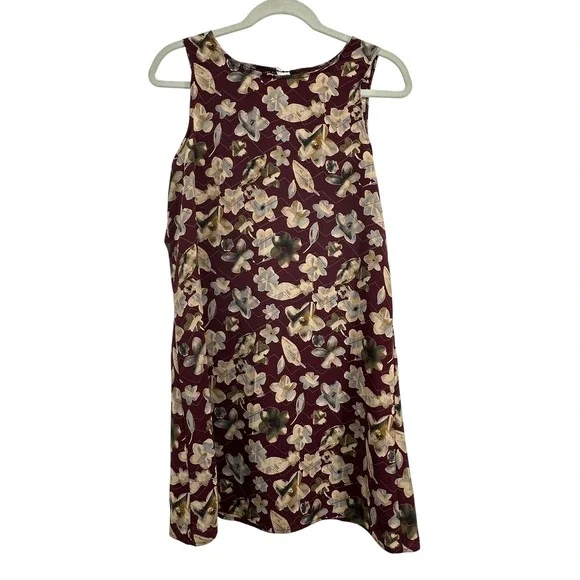 Vtg Tickets Clothing Y2K Women M Sleeveless Floral Print Burgundy Shift Dress - Picture 2 of 8
